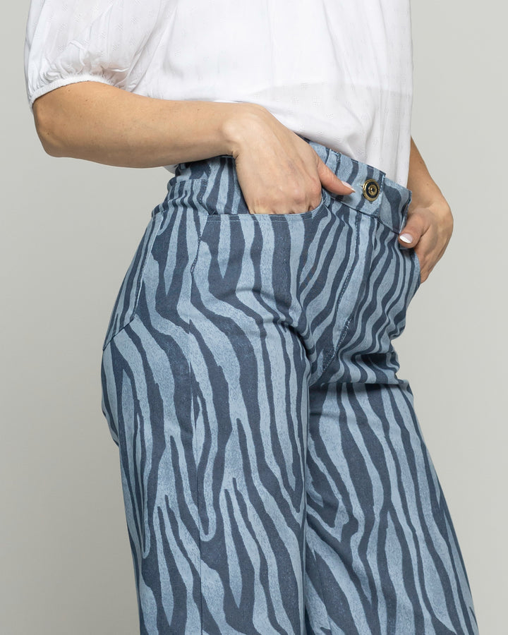 Pantalón Mujer Sakura Palazzo Algodón Estampado Cebra Azul Ludovica