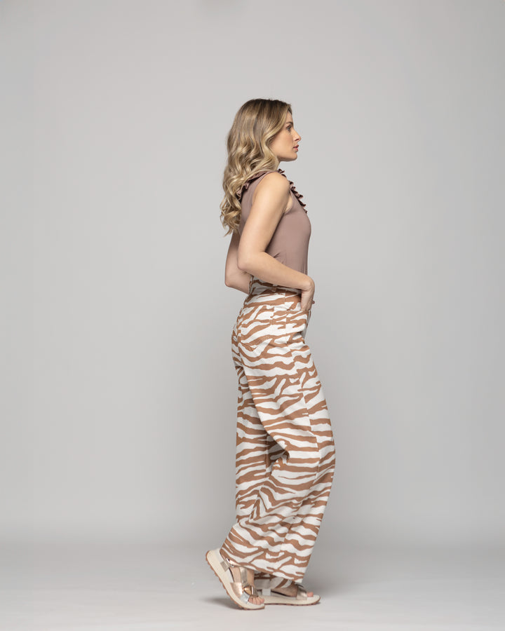 Pantalón Mujer Sakura Palazzo Algodón Estampado Cebra Café Ludovica