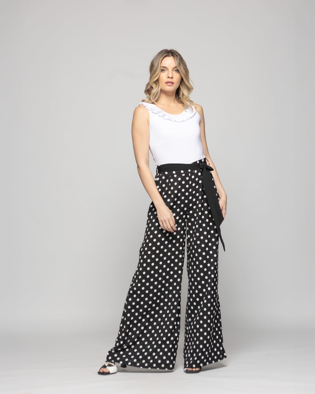 Pantalón Mujer Brionia Palazzo  Viscosa Con Lazo Lunares Blancos Negro Ludovica