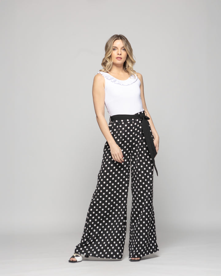 Pantalón Mujer Brionia Palazzo  Viscosa Con Lazo Lunares Blancos Negro Ludovica