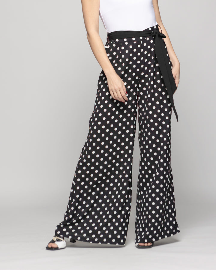 Pantalón Mujer Brionia Palazzo  Viscosa Con Lazo Lunares Blancos Negro Ludovica