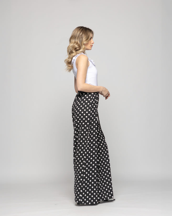 Pantalón Mujer Brionia Palazzo  Viscosa Con Lazo Lunares Blancos Negro Ludovica