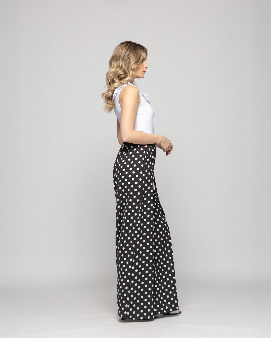 Pantalón Mujer Brionia Palazzo  Viscosa Con Lazo Lunares Blancos Negro Ludovica