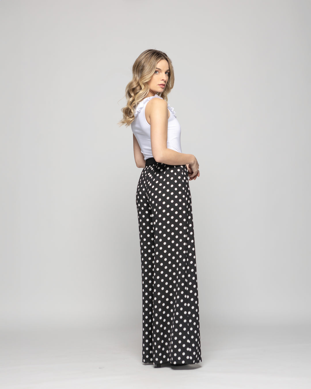 Pantalón Mujer Brionia Palazzo  Viscosa Con Lazo Lunares Blancos Negro Ludovica