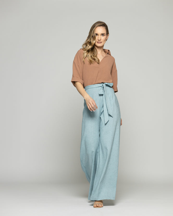 Pantalón Mujer Senecio Palazzo Viscosa Con Lazo Liso Celeste Agua Ludovica