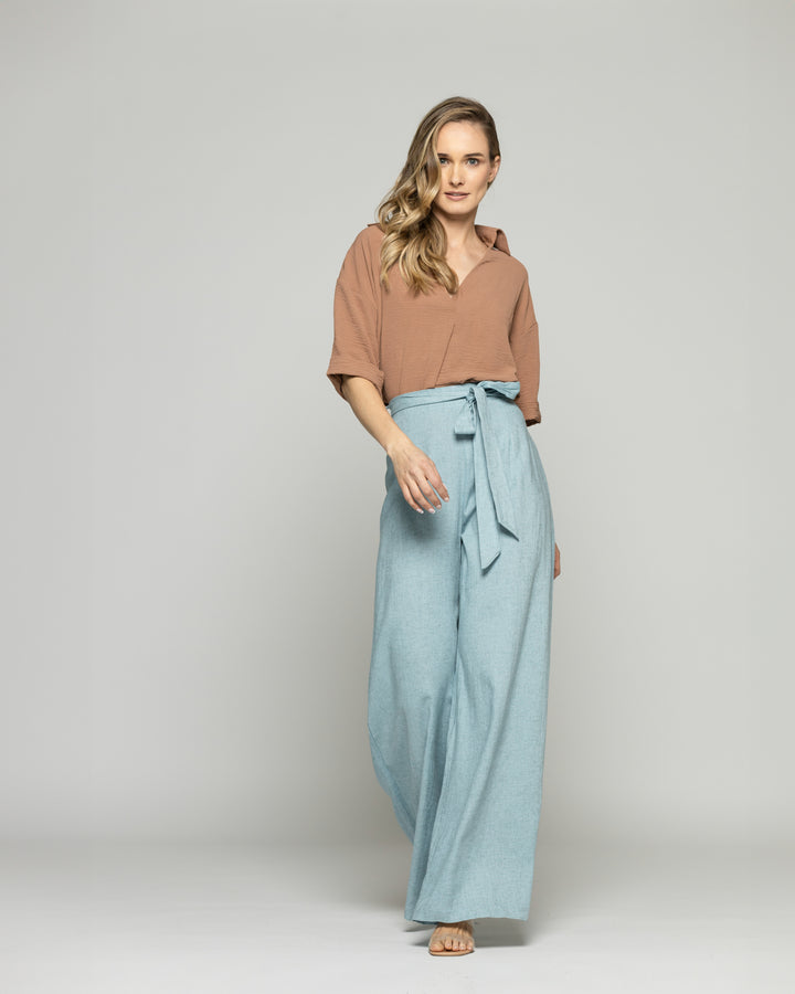Pantalón Mujer Senecio Palazzo Viscosa Con Lazo Liso Celeste Agua Ludovica