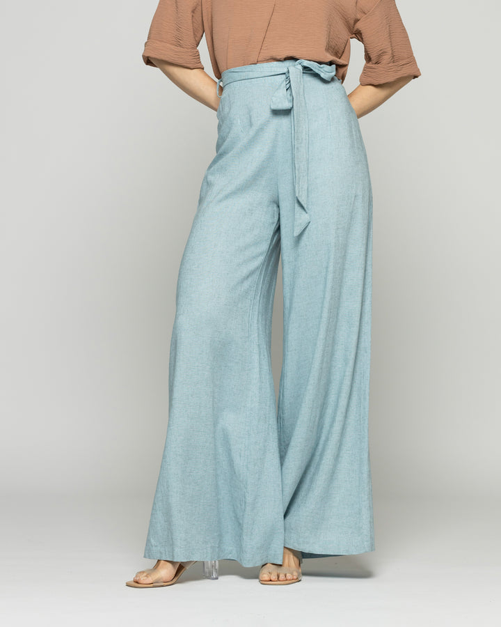 Pantalón Mujer Senecio Palazzo Viscosa Con Lazo Liso Celeste Agua Ludovica