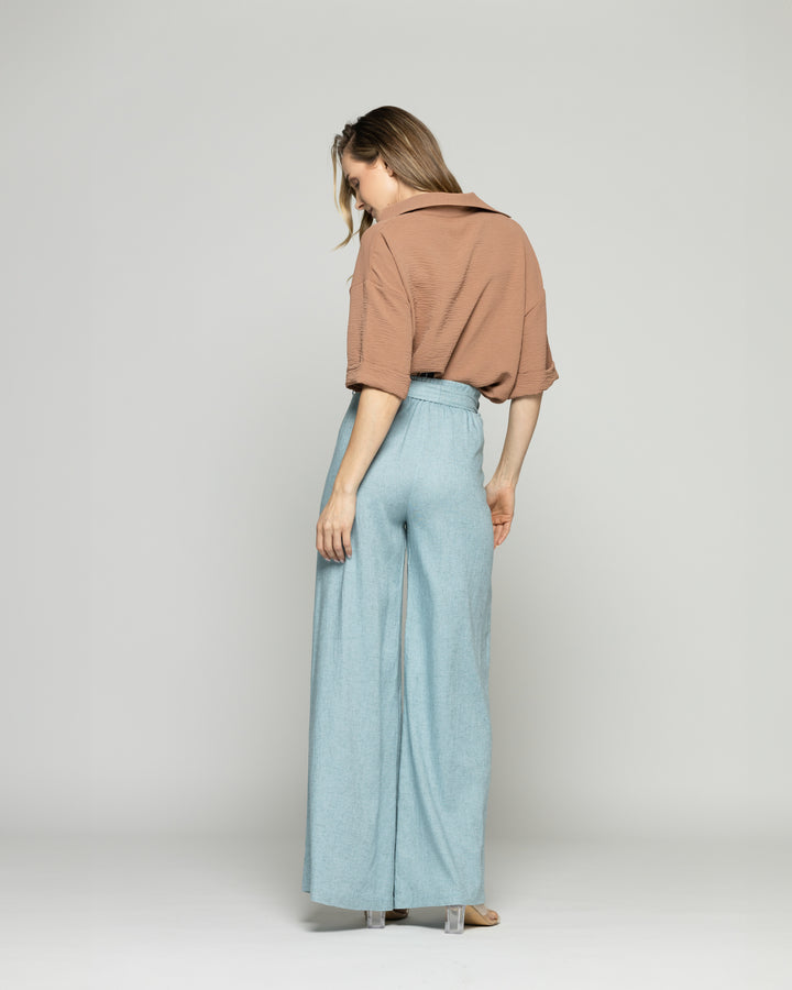Pantalón Mujer Senecio Palazzo Viscosa Con Lazo Liso Celeste Agua Ludovica