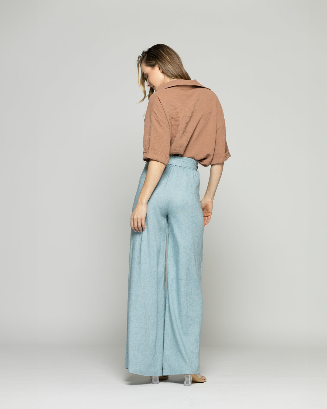 Pantalón Mujer Senecio Palazzo Viscosa Con Lazo Liso Celeste Agua Ludovica
