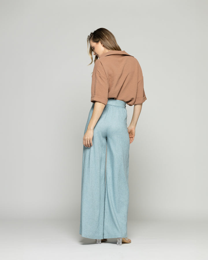 Pantalón Mujer Senecio Palazzo Viscosa Con Lazo Liso Celeste Agua Ludovica