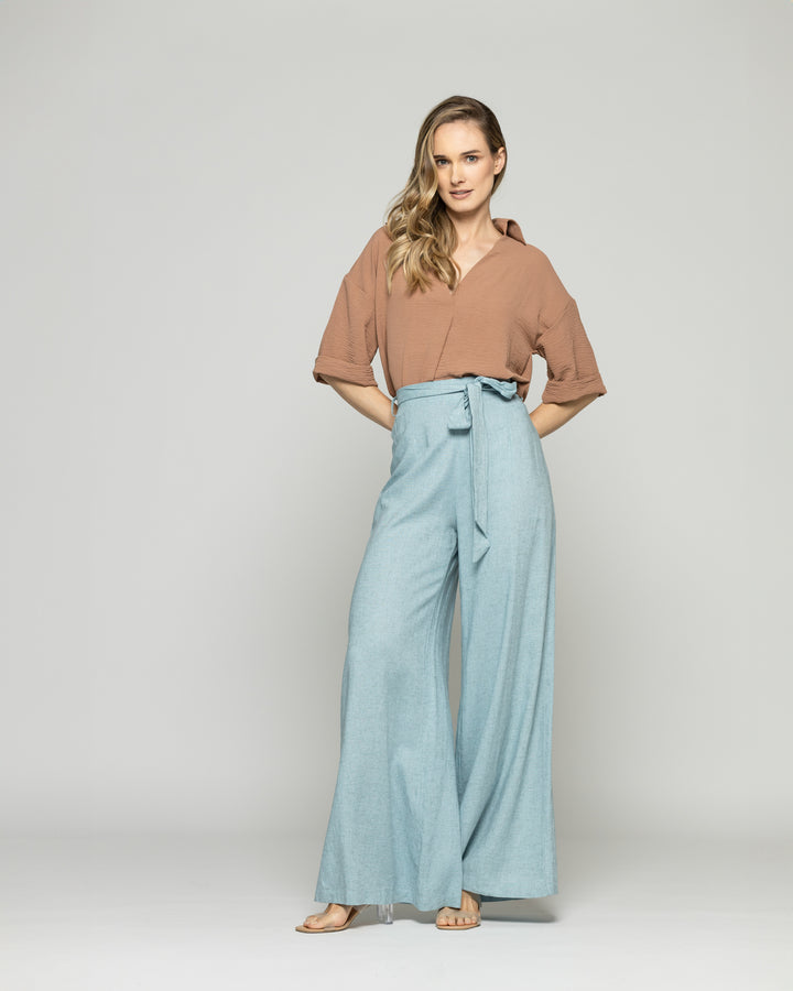 Pantalón Mujer Senecio Palazzo Viscosa Con Lazo Liso Celeste Agua Ludovica