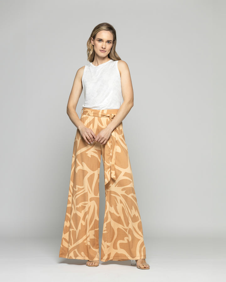 Pantalón Mujer Senecio Palazzo Viscosa Con Lazo Estampado Café Caramelo Ludovica