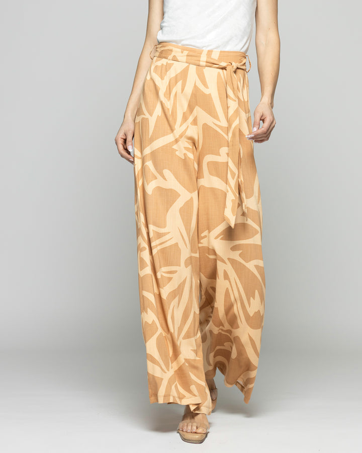 Pantalón Mujer Senecio Palazzo Viscosa Con Lazo Estampado Café Caramelo Ludovica