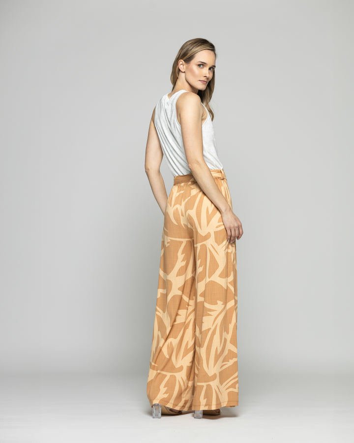 Pantalón Mujer Senecio Palazzo Viscosa Con Lazo Estampado Café Caramelo Ludovica
