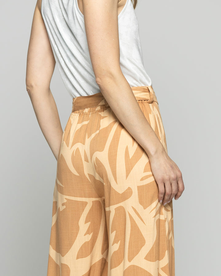Pantalón Mujer Senecio Palazzo Viscosa Con Lazo Estampado Café Caramelo Ludovica