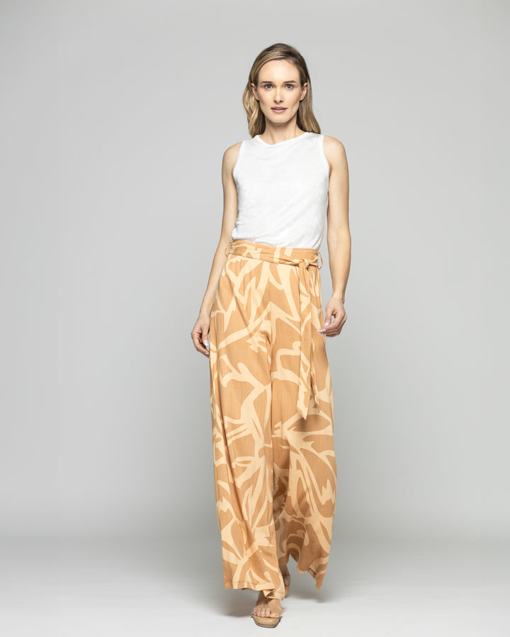 Pantalón Mujer Senecio Palazzo Viscosa Con Lazo Estampado Café Caramelo Ludovica