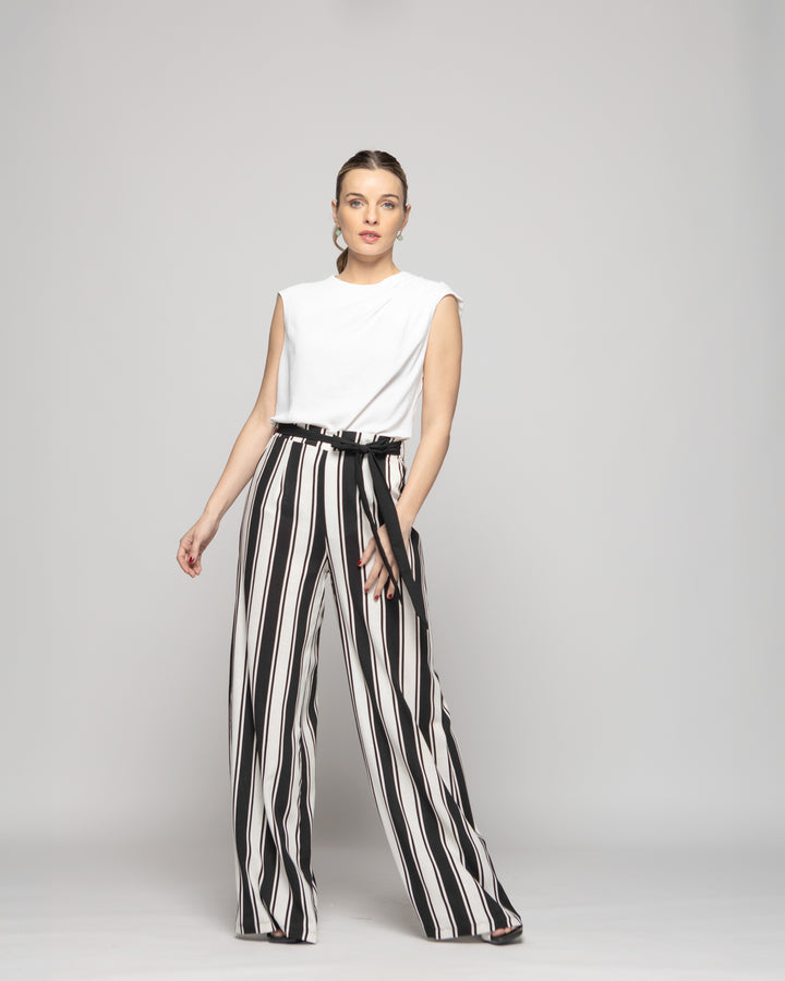 Pantalón Mujer Senecio Palazzo Viscosa Con Lazo Rayas Blanco Y Negro Ludovica