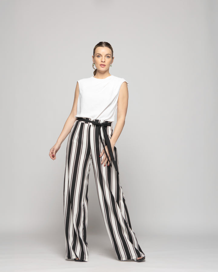 Pantalón Mujer Senecio Palazzo Viscosa Con Lazo Rayas Blanco Y Negro Ludovica