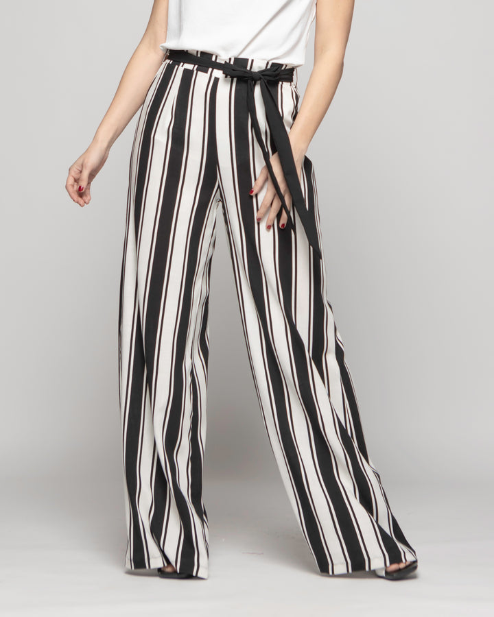 Pantalón Mujer Senecio Palazzo Viscosa Con Lazo Rayas Blanco Y Negro Ludovica