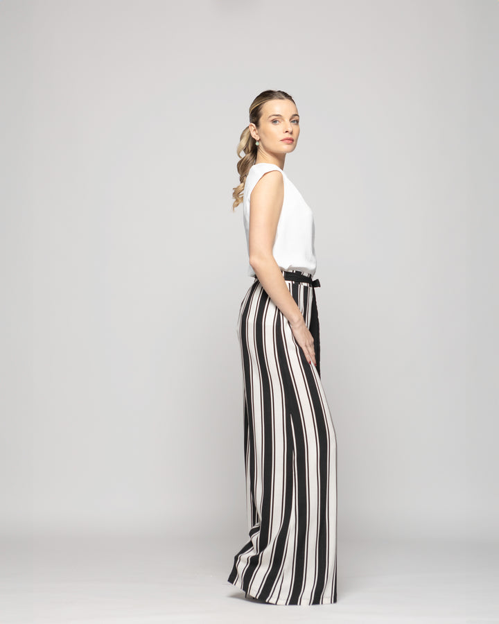 Pantalón Mujer Senecio Palazzo Viscosa Con Lazo Rayas Blanco Y Negro Ludovica
