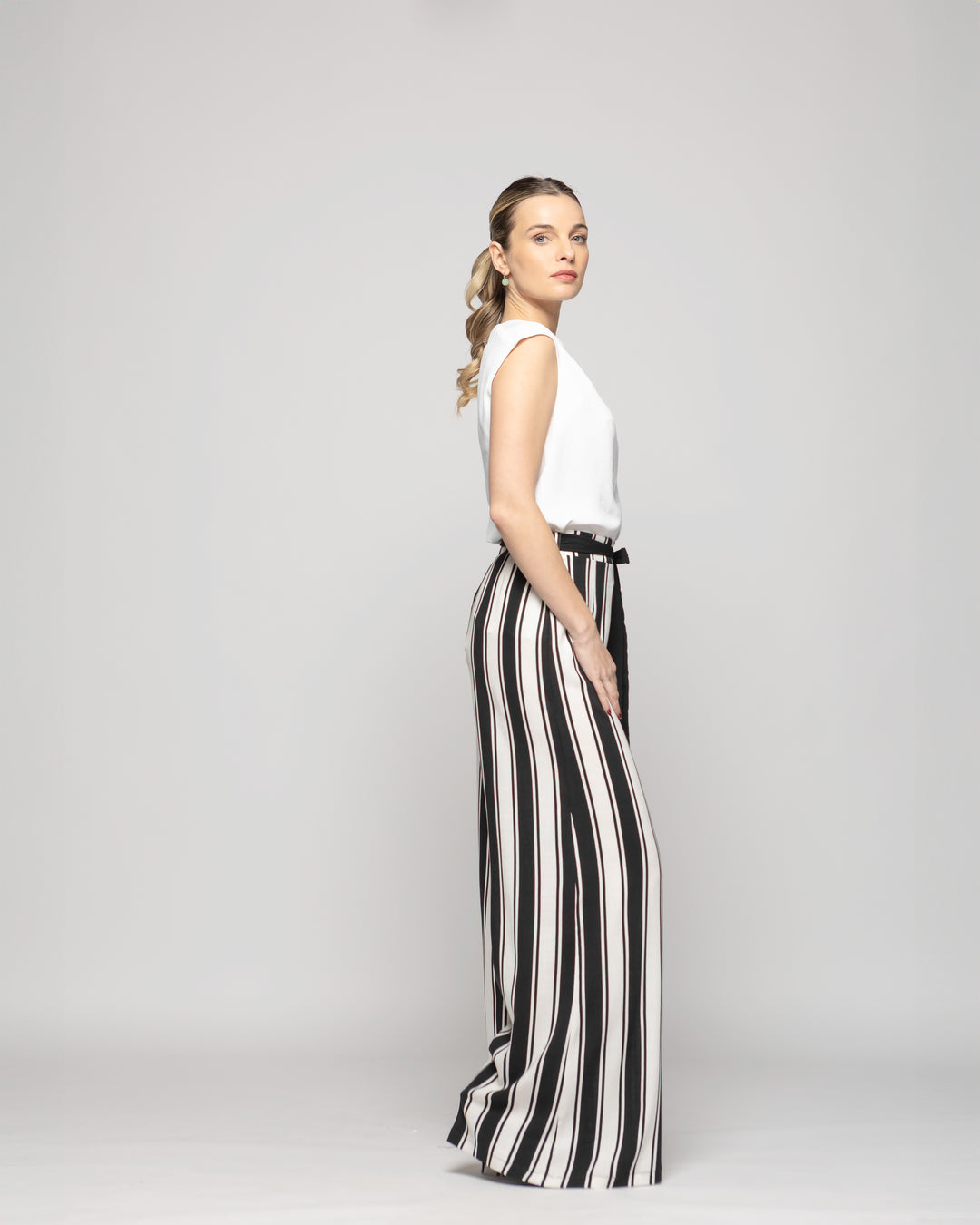 Pantalón Mujer Senecio Palazzo Viscosa Con Lazo Rayas Blanco Y Negro Ludovica