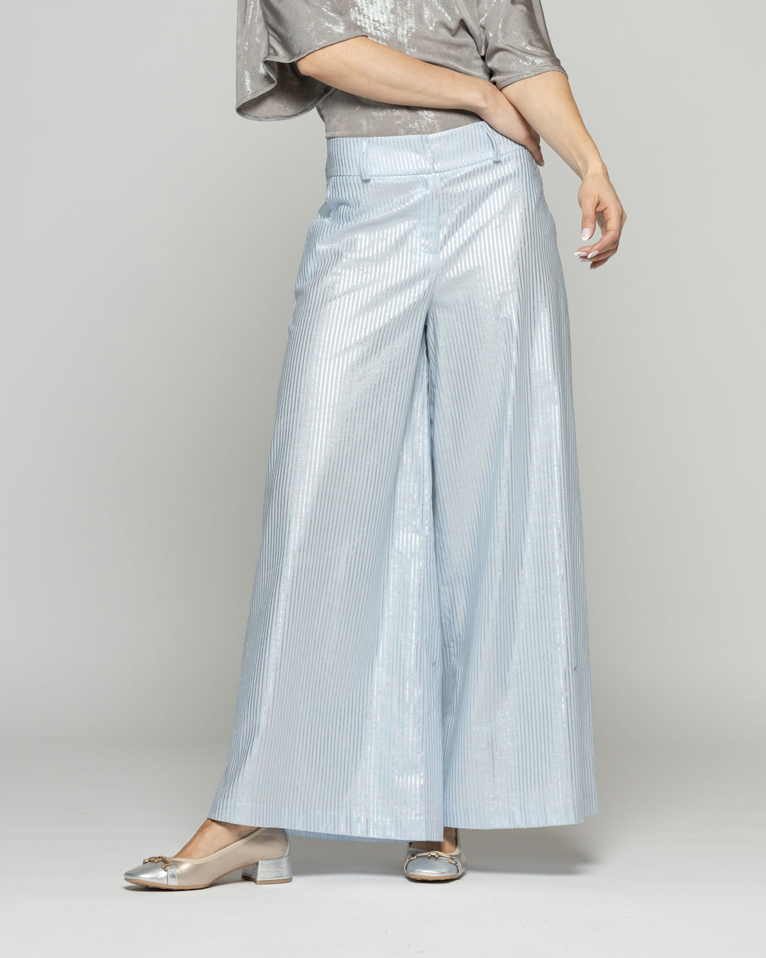 Pantalón Mujer Forsythia Palazzo Algodón Satinado Rayas Celeste Ludovica