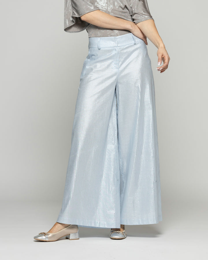 Pantalón Mujer Forsythia Palazzo Algodón Satinado Rayas Celeste Ludovica