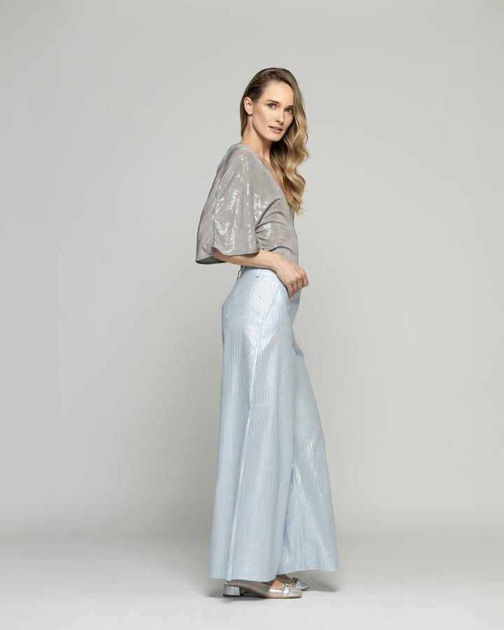 Pantalón Mujer Forsythia Palazzo Algodón Satinado Rayas Celeste Ludovica