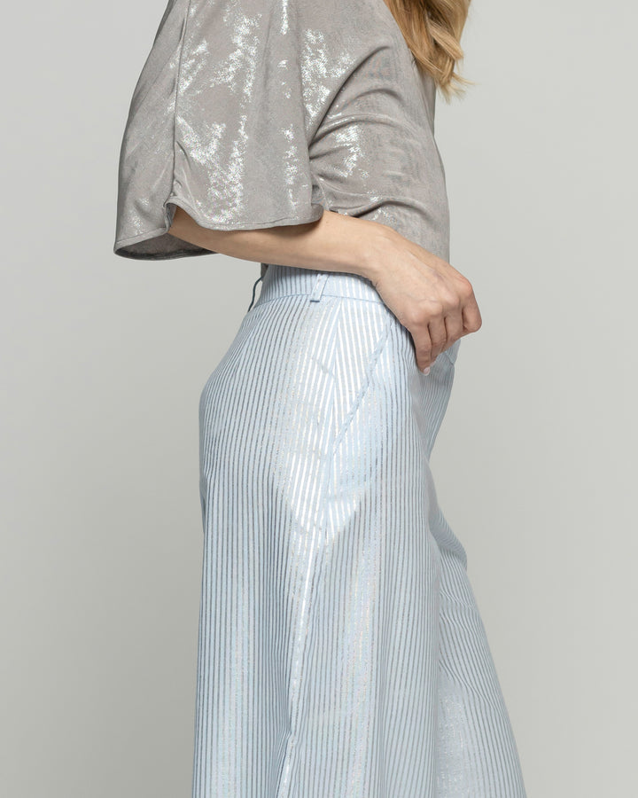 Pantalón Mujer Forsythia Palazzo Algodón Satinado Rayas Celeste Ludovica