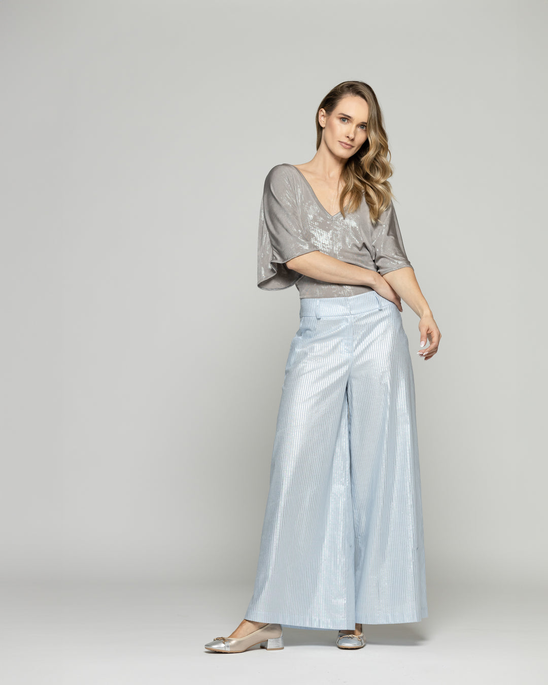 Pantalón Mujer Forsythia Palazzo Algodón Satinado Rayas Celeste Ludovica