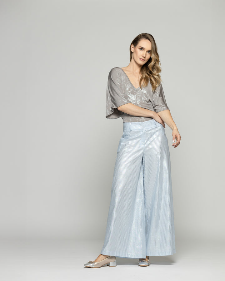 Pantalón Mujer Forsythia Palazzo Algodón Satinado Rayas Celeste Ludovica