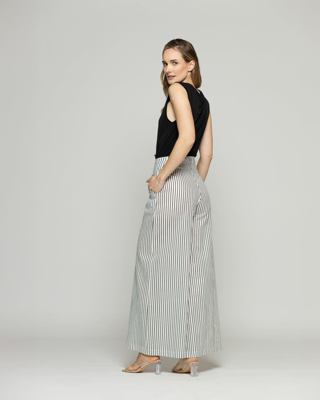 Pantalón Mujer Liatris Largo Clásico Algodón Rayas Negro Y Blanco Ludovica