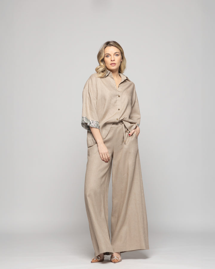 Pantalón Mujer Fresia Viscosa Lino Palazzo Beige Ludovica