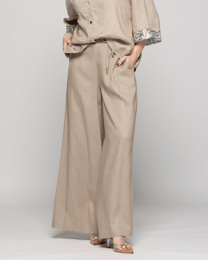 Pantalón Mujer Fresia Viscosa Lino Palazzo Beige Ludovica