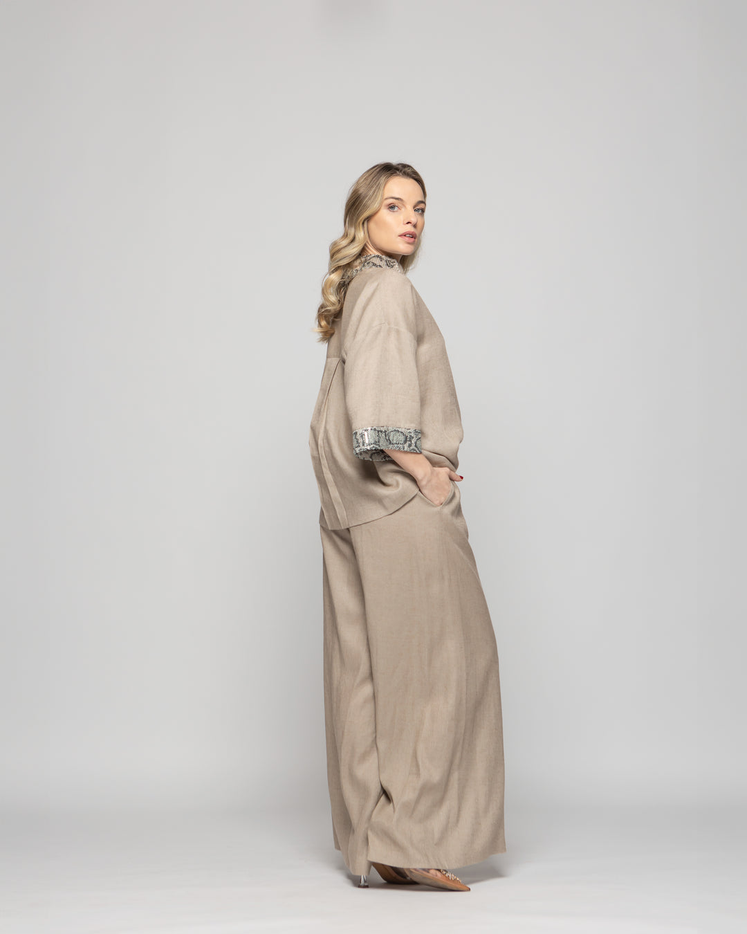 Pantalón Mujer Fresia Viscosa Lino Palazzo Beige Ludovica