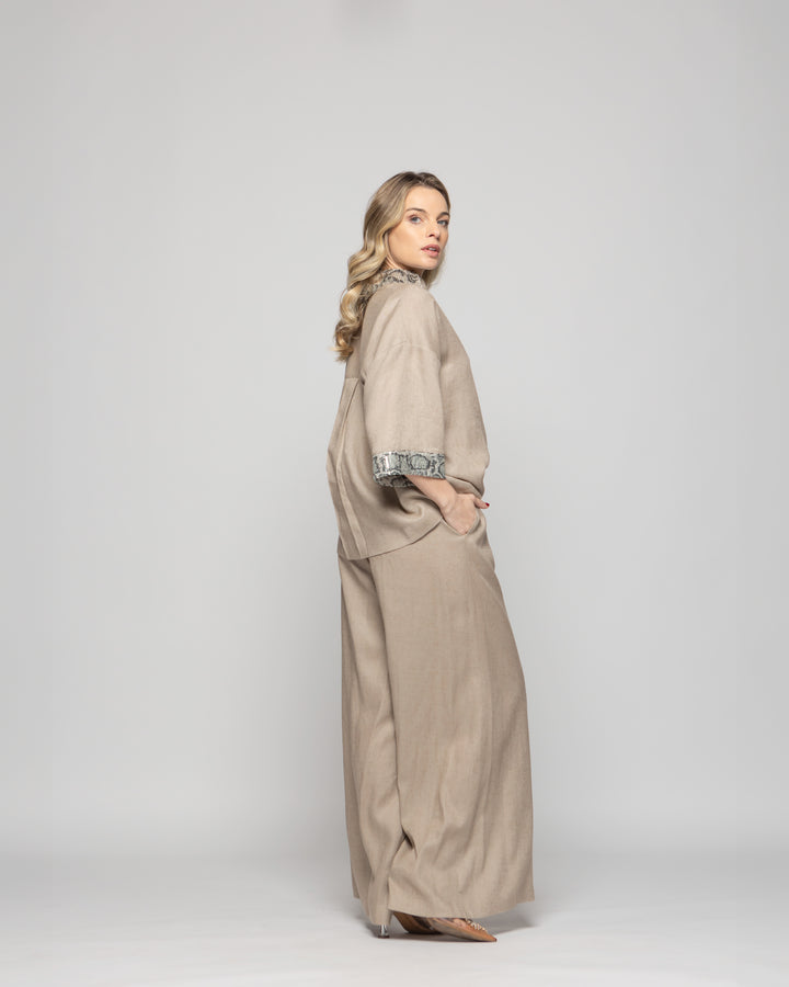 Pantalón Mujer Fresia Viscosa Lino Palazzo Beige Ludovica