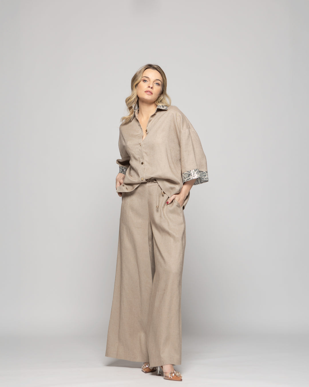 Pantalón Mujer Fresia Viscosa Lino Palazzo Beige Ludovica
