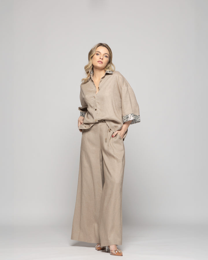 Pantalón Mujer Fresia Viscosa Lino Palazzo Beige Ludovica