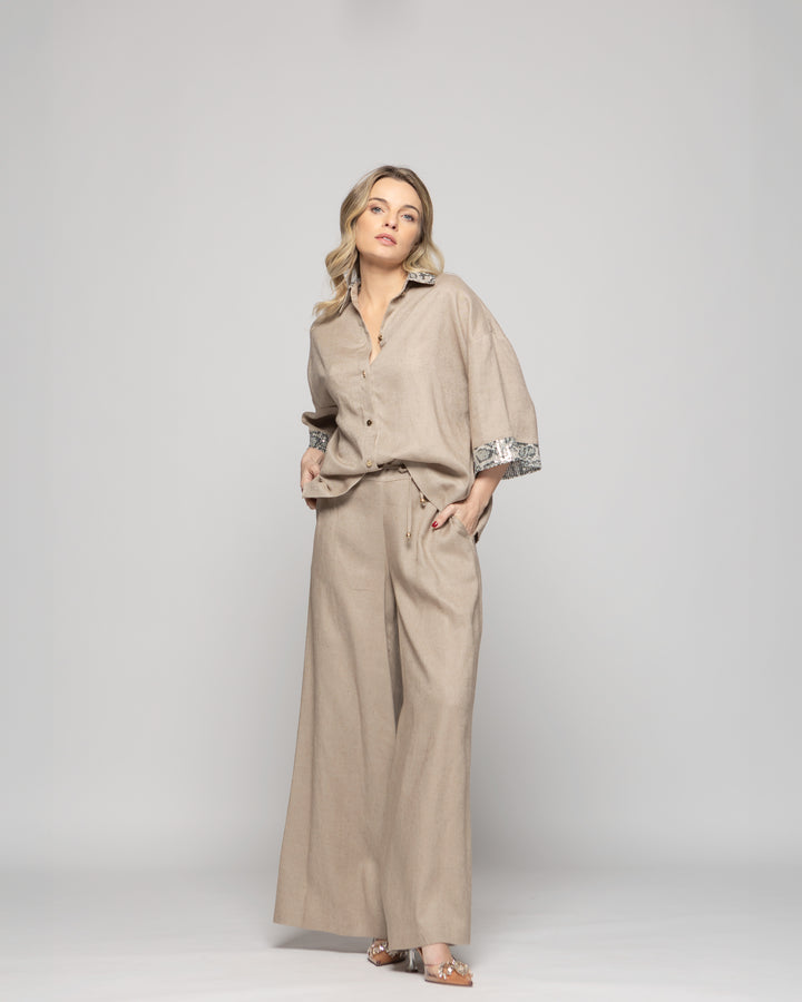 Pantalón Mujer Fresia Viscosa Lino Palazzo Beige Ludovica