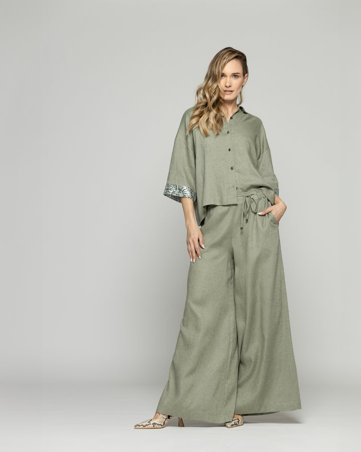 Pantalón Mujer Fresia Viscosa Lino Palazzo Verde Militar Ludovica
