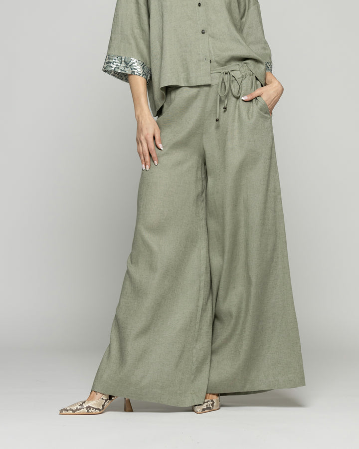 Pantalón Mujer Fresia Viscosa Lino Palazzo Verde Militar Ludovica