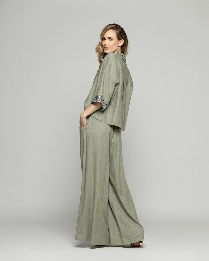 Pantalón Mujer Fresia Viscosa Lino Palazzo Verde Militar Ludovica