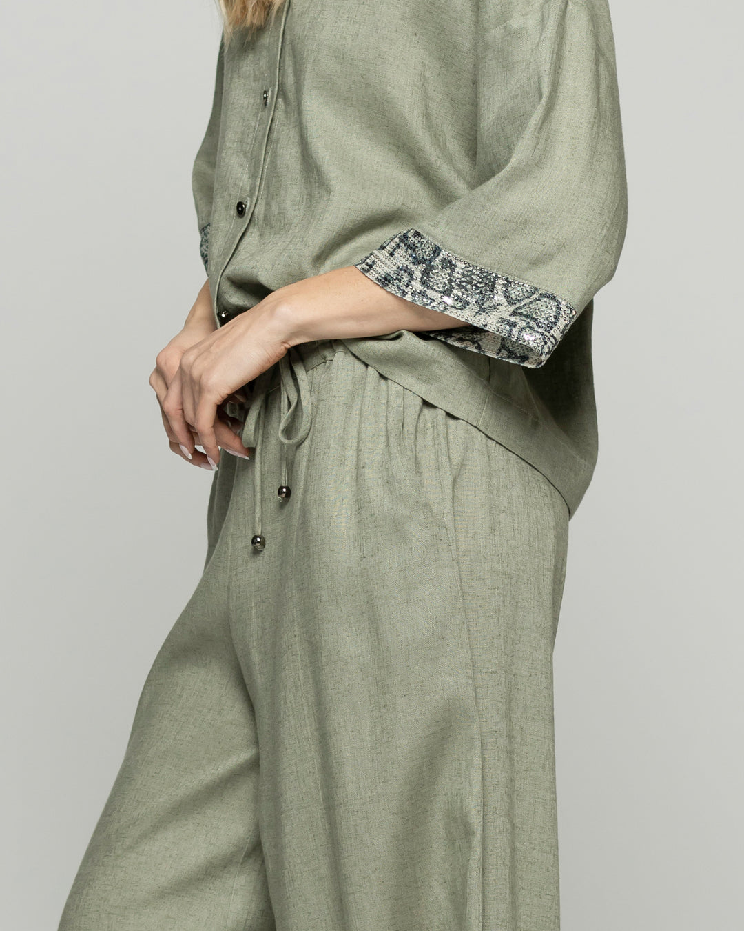 Pantalón Mujer Fresia Viscosa Lino Palazzo Verde Militar Ludovica