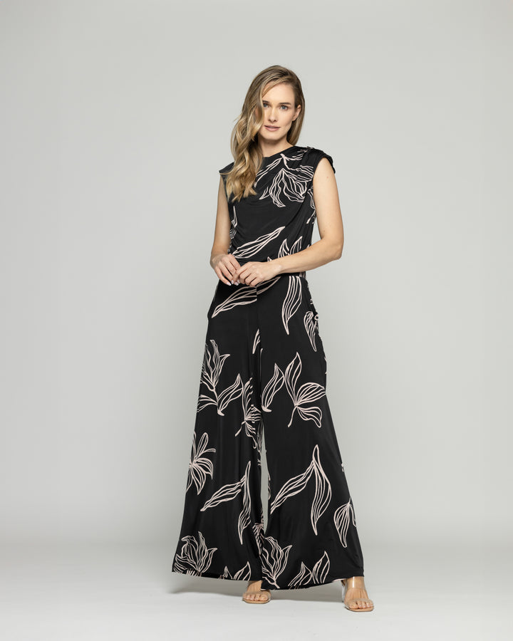 Pantalón Mujer Manzanilla Palazzo  Estampado Flores Lineal Negro Ludovica