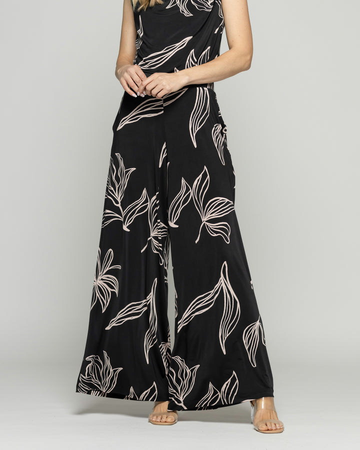 Pantalón Mujer Manzanilla Palazzo  Estampado Flores Lineal Negro Ludovica