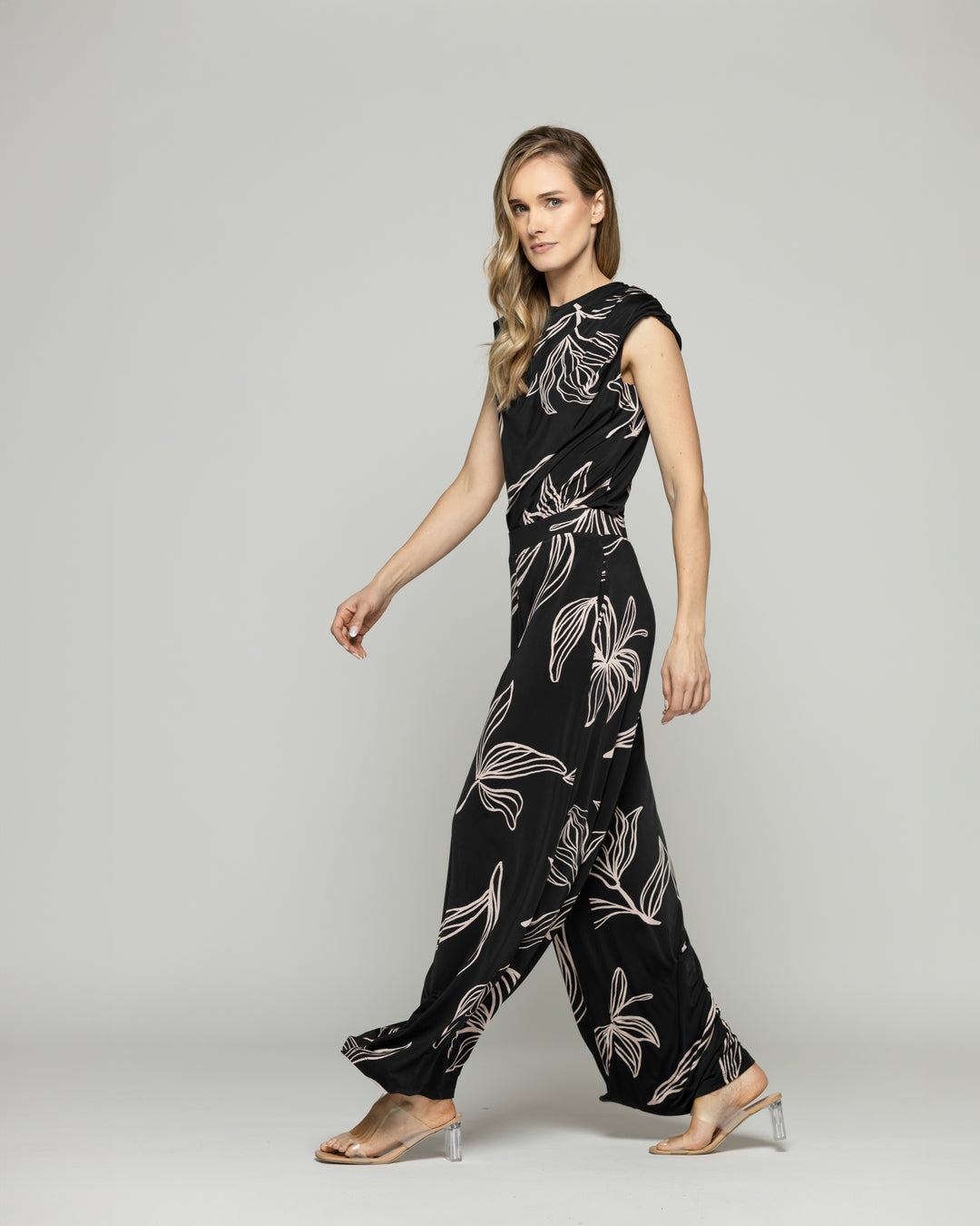 Pantalón Mujer Manzanilla Palazzo  Estampado Flores Lineal Negro Ludovica