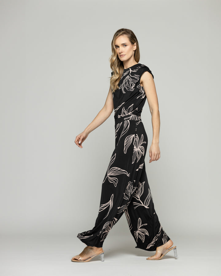 Pantalón Mujer Manzanilla Palazzo  Estampado Flores Lineal Negro Ludovica