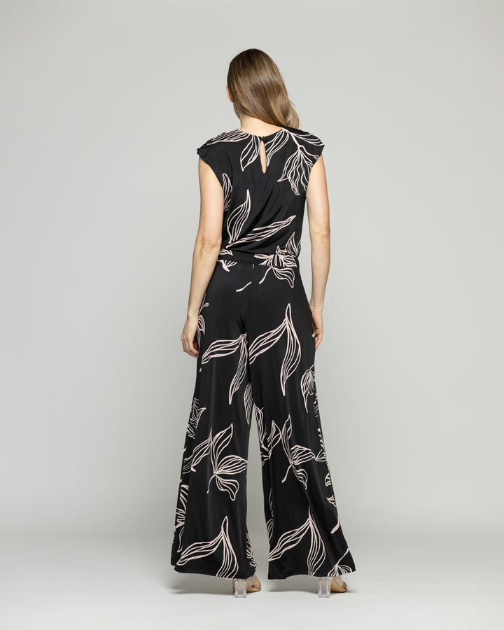 Pantalón Mujer Manzanilla Palazzo  Estampado Flores Lineal Negro Ludovica