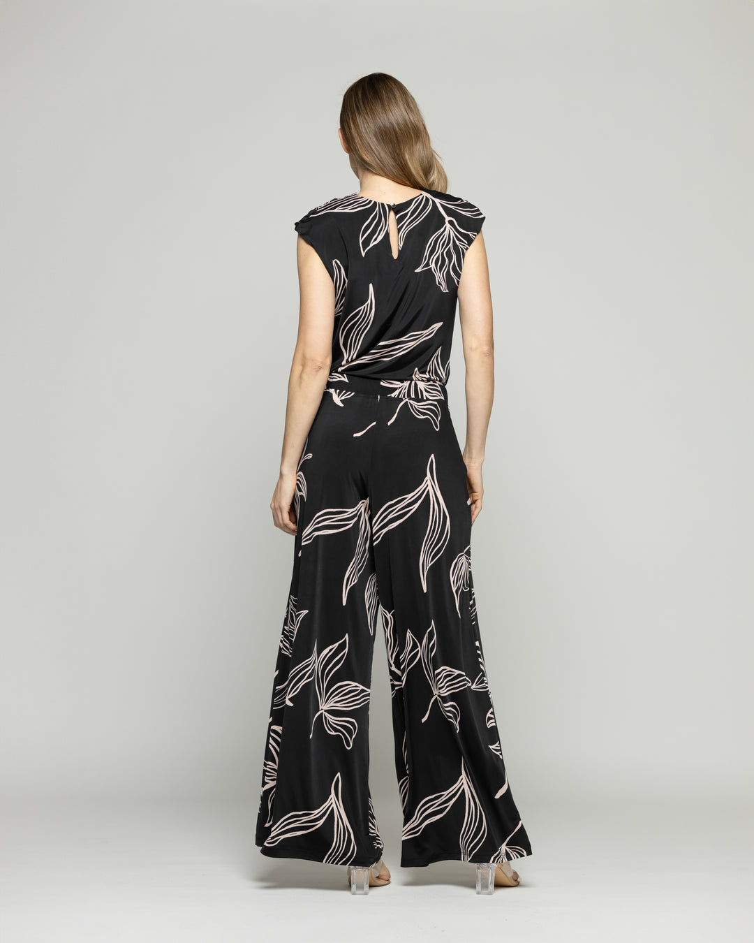 Pantalón Mujer Manzanilla Palazzo  Estampado Flores Lineal Negro Ludovica