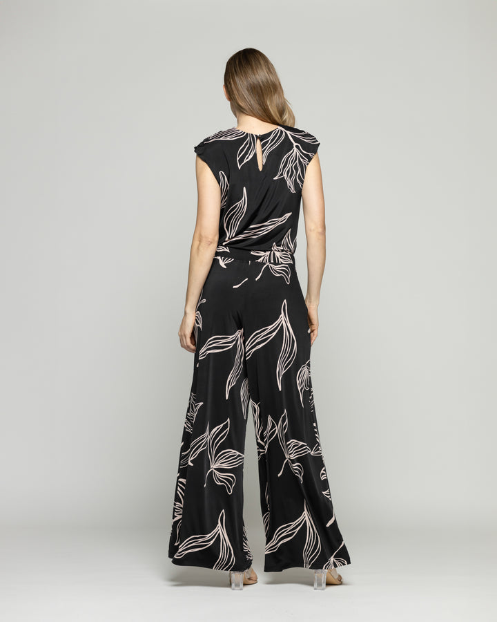 Pantalón Mujer Manzanilla Palazzo  Estampado Flores Lineal Negro Ludovica